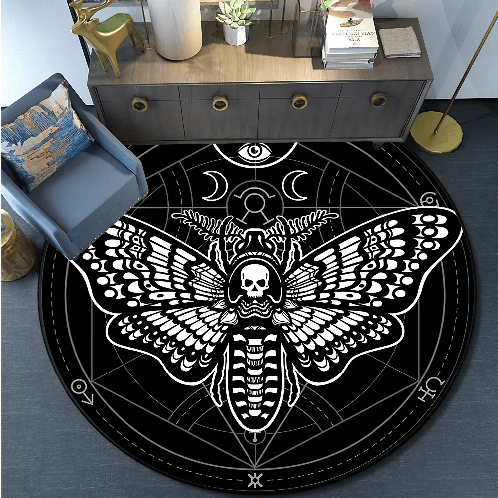 Round Gothic Death Moth Rug for Dark Room Decor