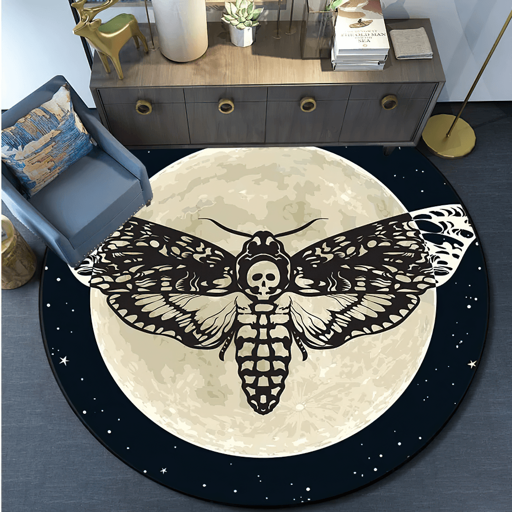 Round Gothic Death Moth Rug for Dark Room Decor