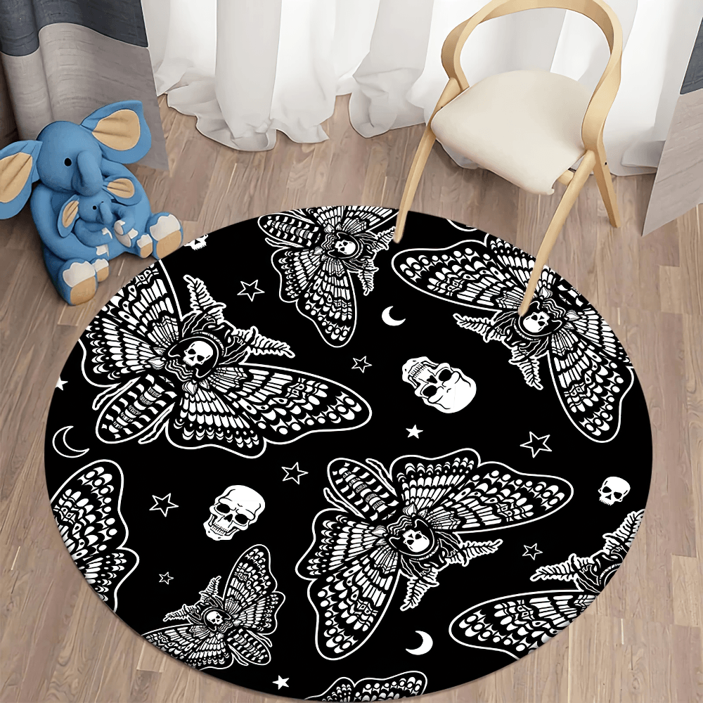 Round Gothic Death Moth Rug for Dark Room Decor