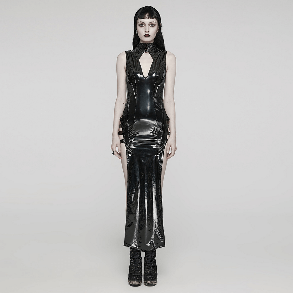 Sexy and Elegant Black Faux Leather Long Slit Dress
