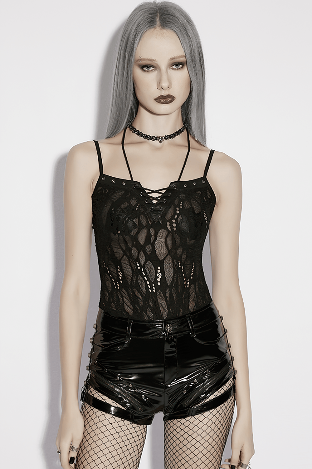 Sexy Black Gothic Lace Mesh Lace-Up Punk Camisole