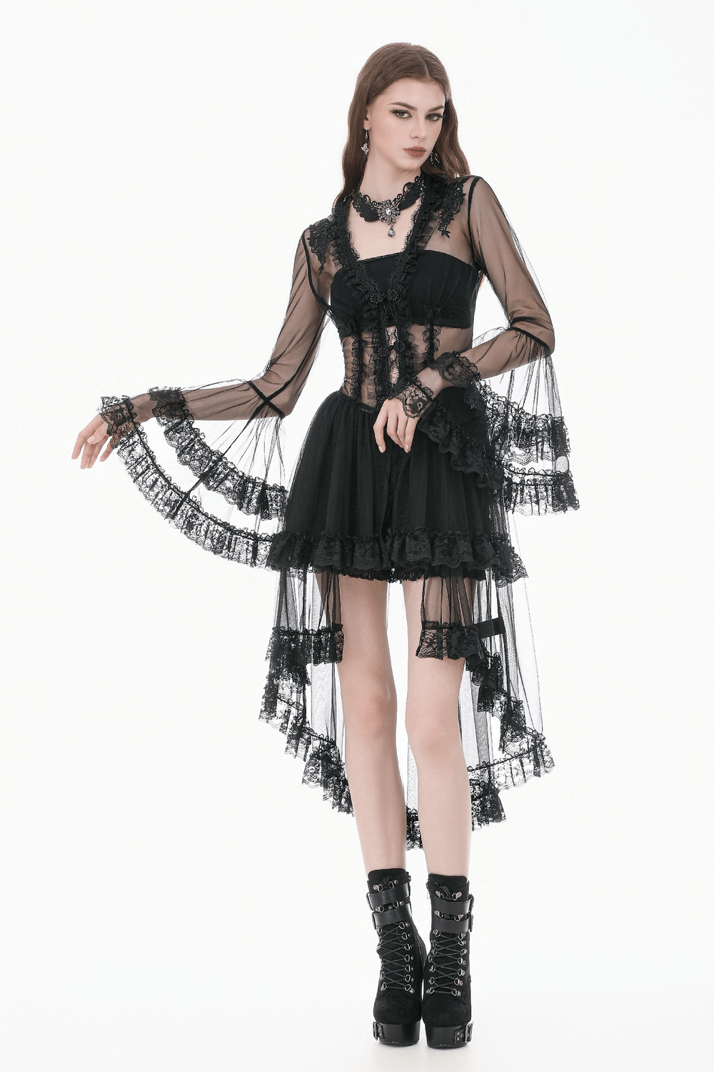 Sexy Black Gothic Sheer Lace Cape with Corset Back Detail