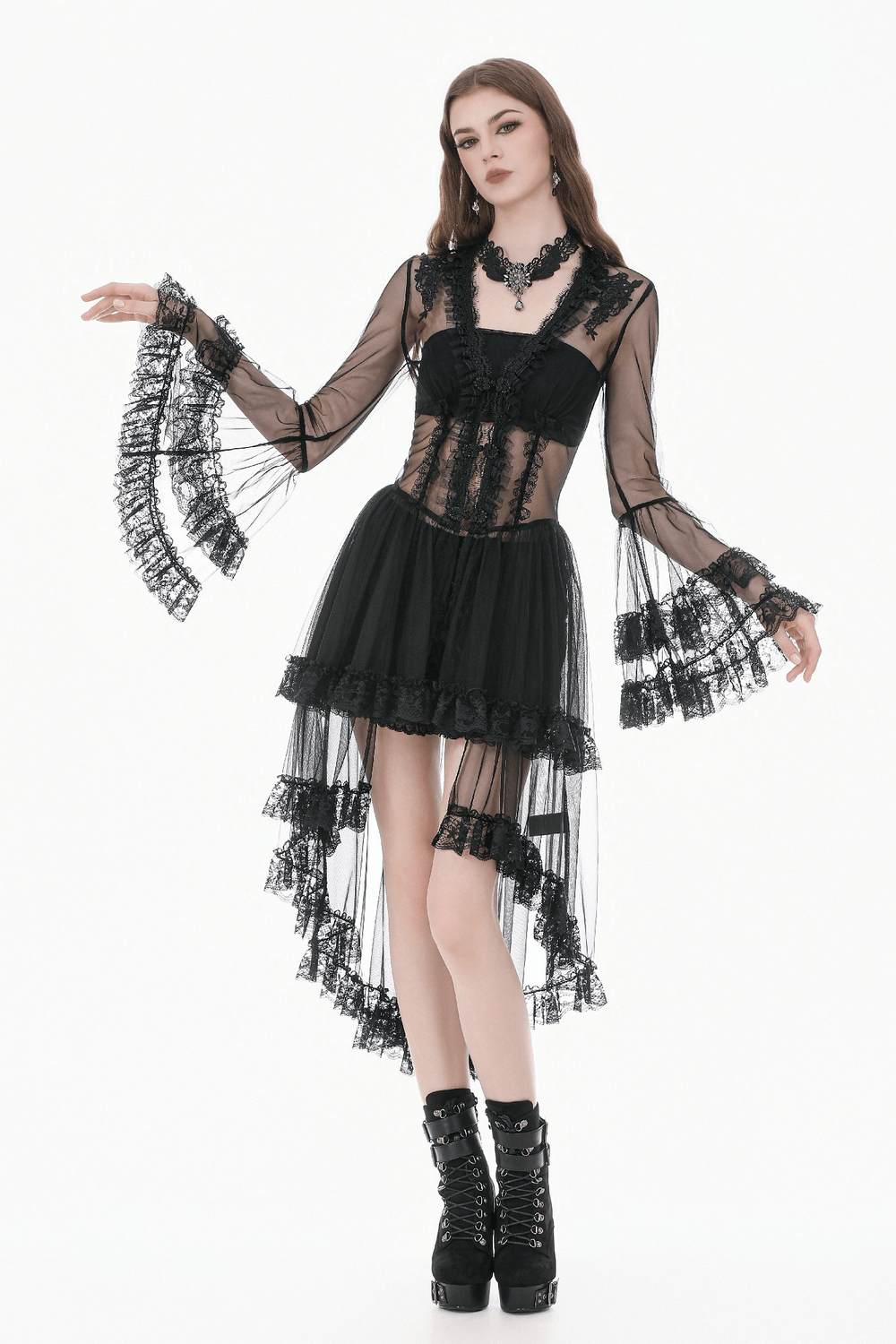 Sexy Black Gothic Sheer Lace Cape with Corset Back Detail