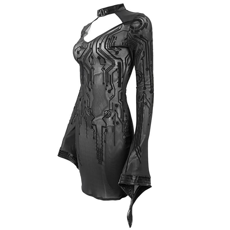 Sexy Black Transparent Women Midi Dress Slim Trumpet Sleeve / Cyberpunk Ladies Dresses