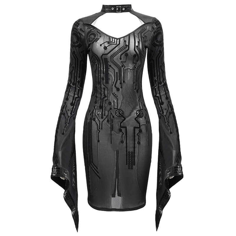 Sexy Black Transparent Women Midi Dress Slim Trumpet Sleeve / Cyberpunk Ladies Dresses