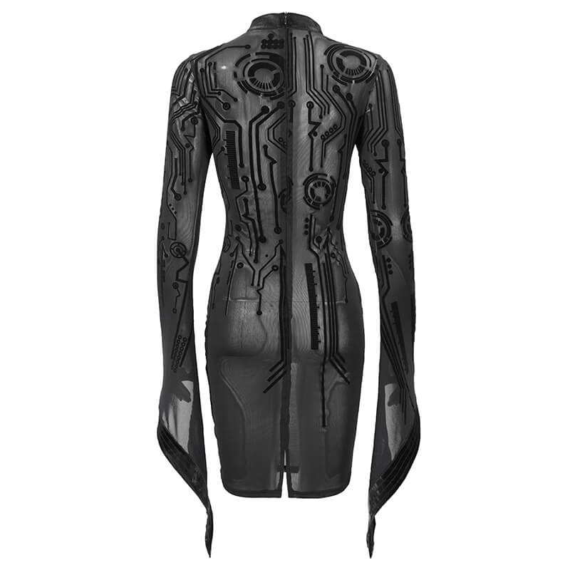 Sexy Black Transparent Women Midi Dress Slim Trumpet Sleeve / Cyberpunk Ladies Dresses