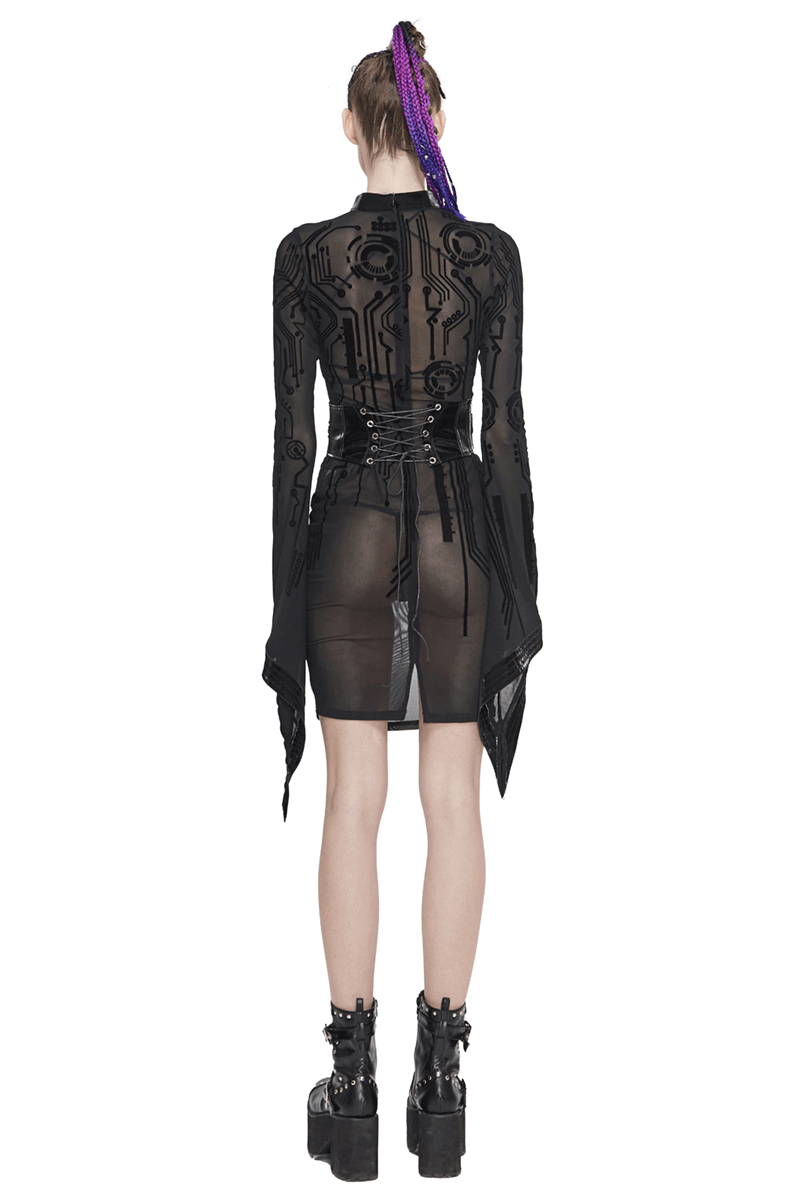 Sexy Black Transparent Women Midi Dress Slim Trumpet Sleeve / Cyberpunk Ladies Dresses