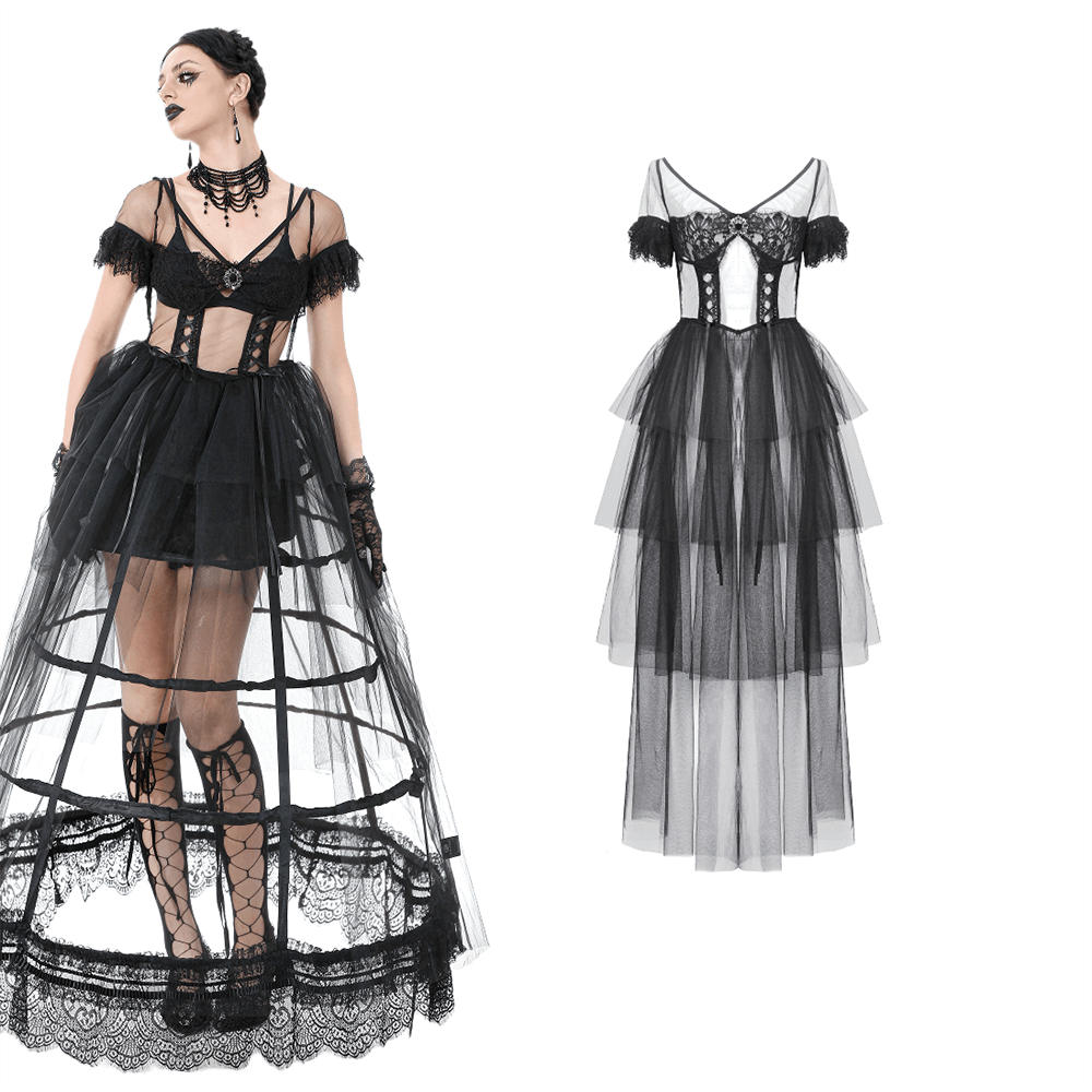 Sexy Black Tulle Gothic Dress with Lace Details and Layers