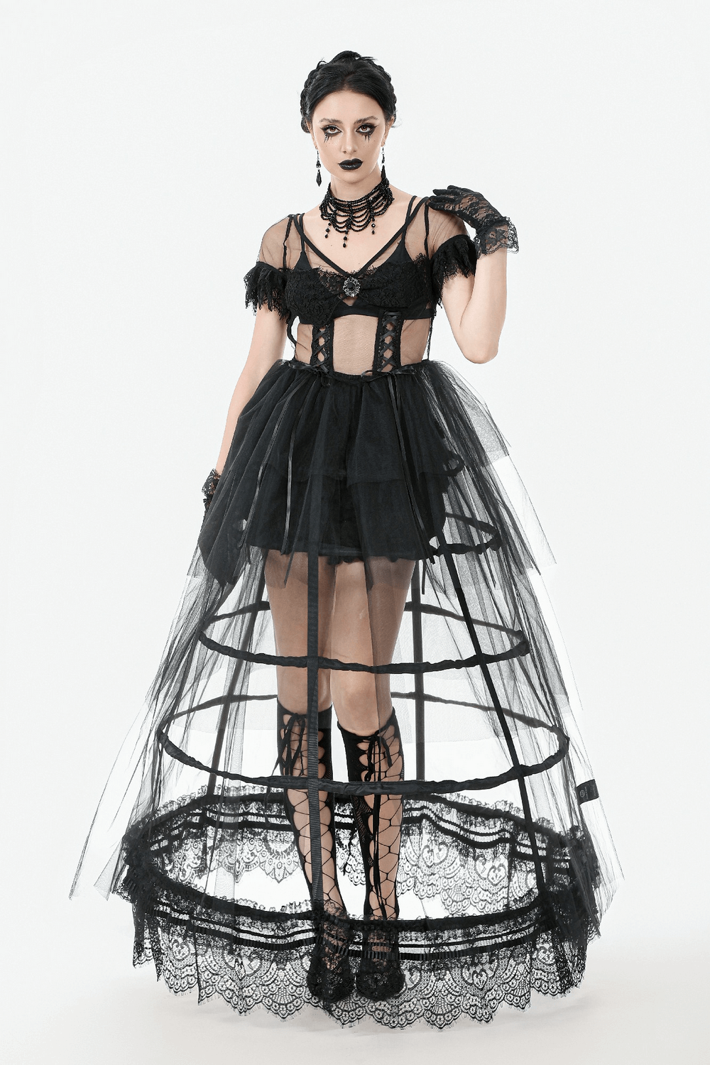 Sexy Black Tulle Gothic Dress with Lace Details and Layers