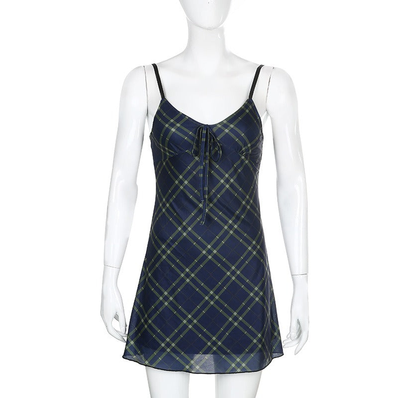Sexy Bow Lace-Up Mini Dress in Grunge Style / Women Double Layer Mesh Backless Plaid Dress