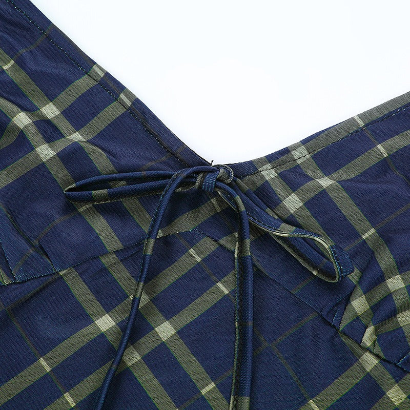 Sexy Bow Lace-Up Mini Dress in Grunge Style / Women Double Layer Mesh Backless Plaid Dress