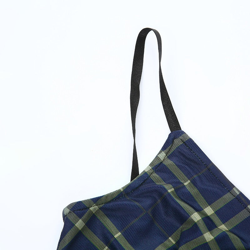 Sexy Bow Lace-Up Mini Dress in Grunge Style / Women Double Layer Mesh Backless Plaid Dress