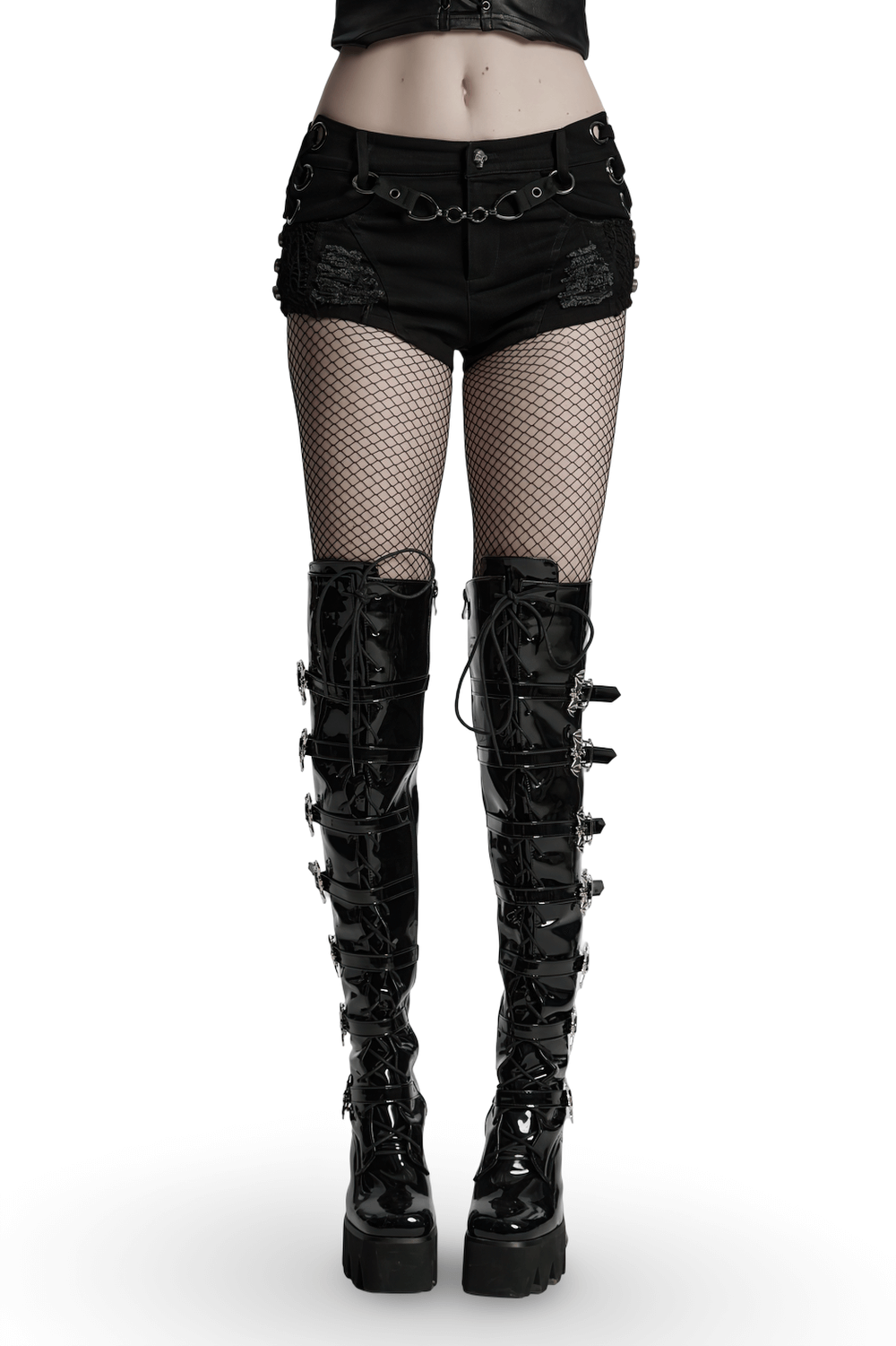 Sexy Denim Shorts with Detachable Chain and Metal Eyelets