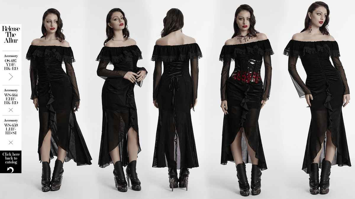 Sexy Goth Mesh Dress with Ruffle and Fishtail Hem Design