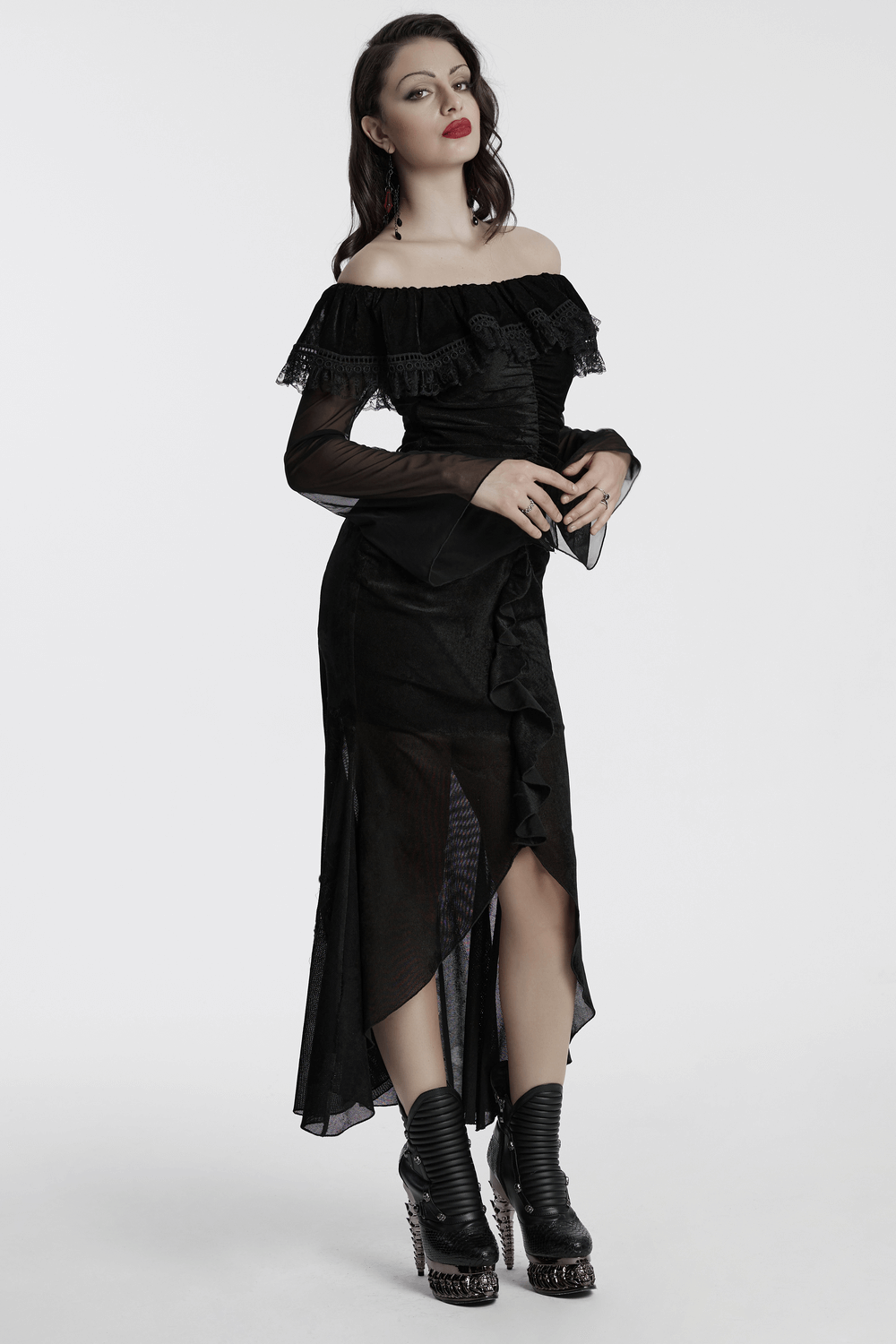 Sexy Goth Mesh Dress with Ruffle and Fishtail Hem Design