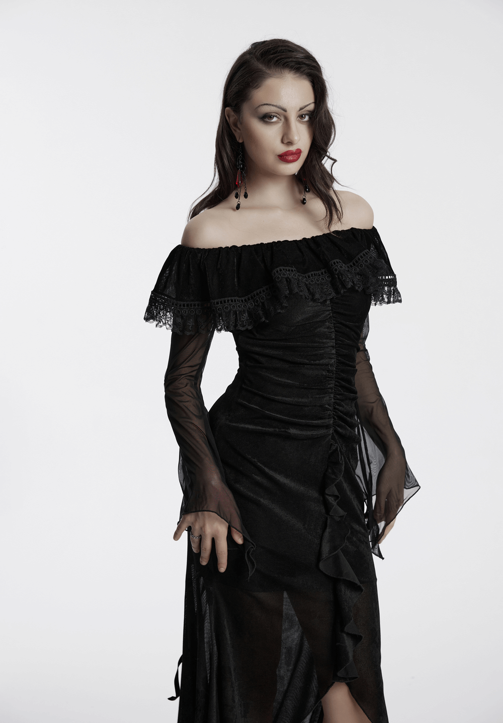 Sexy Goth Mesh Dress with Ruffle and Fishtail Hem Design