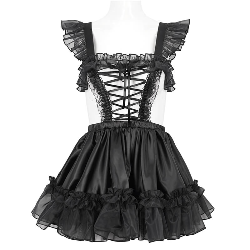 Sexy Ladies Hollow Out Short Lingerie Dress / Black Gothic Women's Dress with Frill and Lace