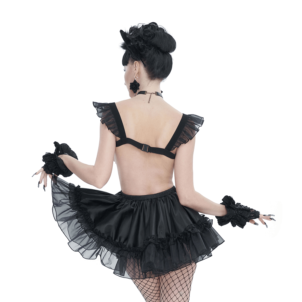 Sexy Ladies Hollow Out Short Lingerie Dress / Black Gothic Women's Dress with Frill and Lace