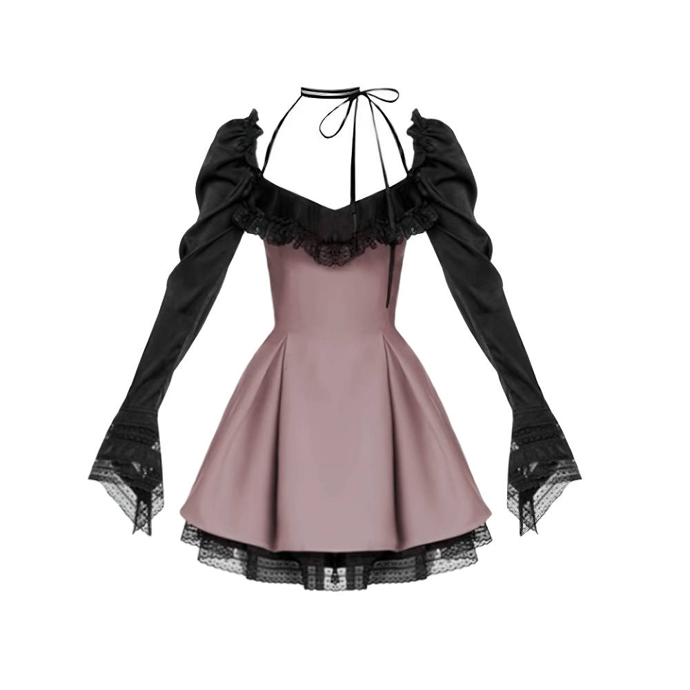 UK SALE of Long Sleeves Pink Mesh Dress / Gothic Women's Open Shoulders Mini Dress