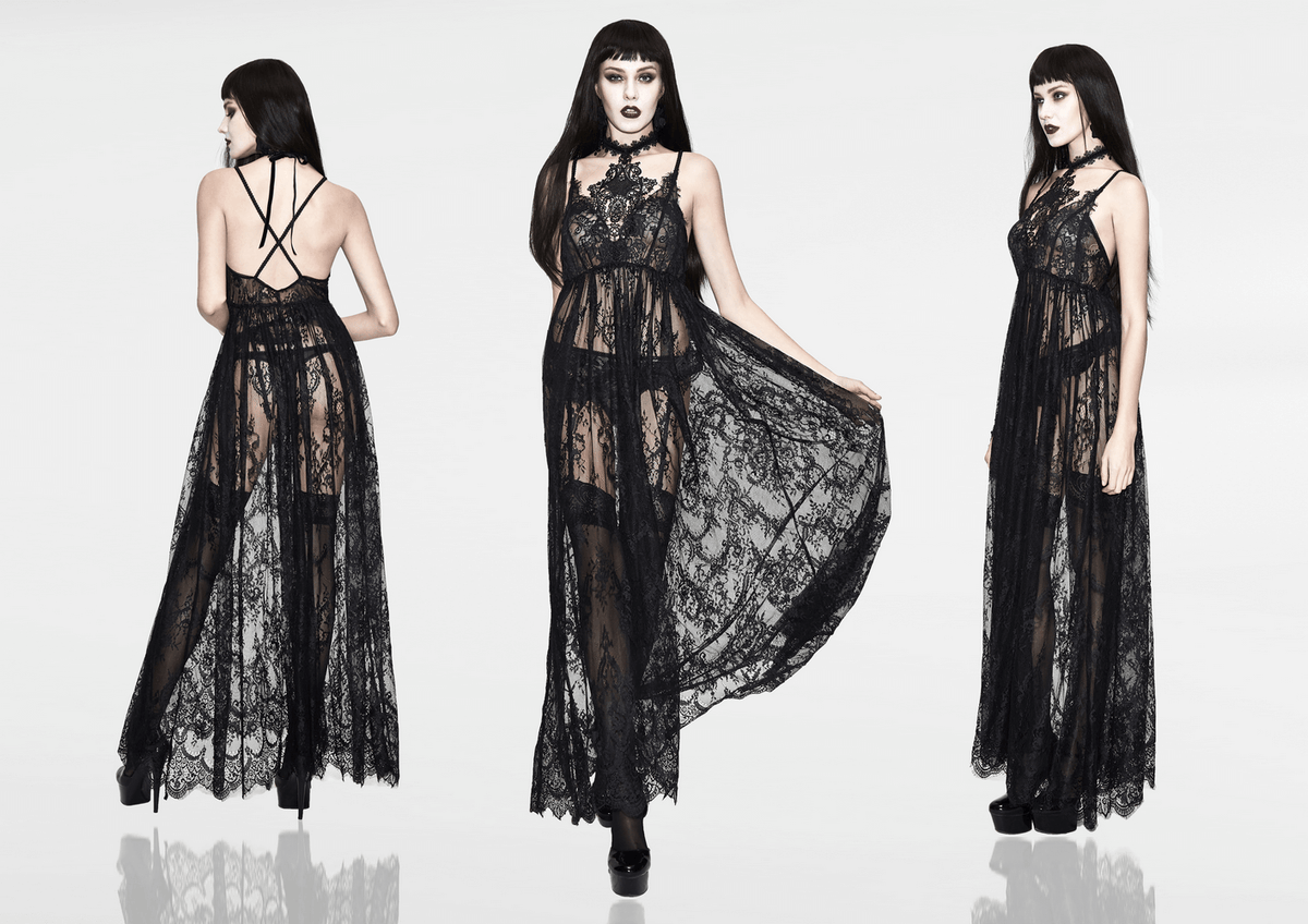 Sexy Long Transparent Lace Dress / Romantic Black Dresses With Lace Chocker