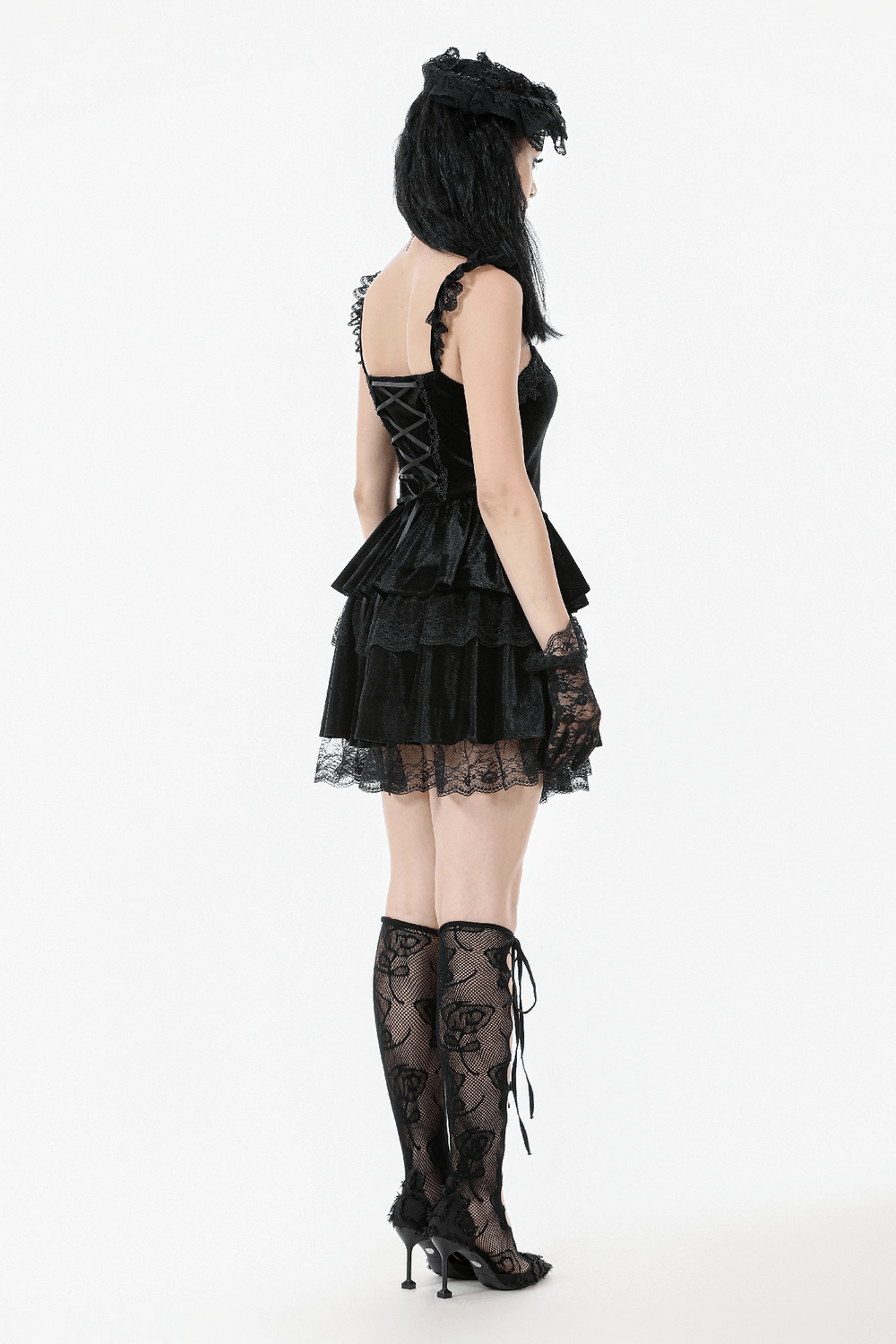Sexy Velvet Lace Tiered Mini Dress with Corset and Ruffles