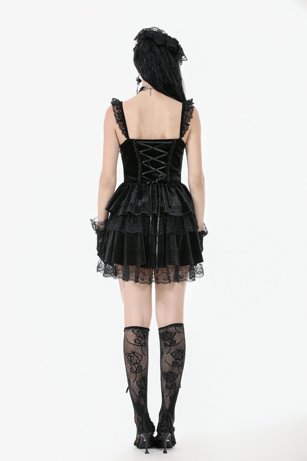 Sexy Velvet Lace Tiered Mini Dress with Corset and Ruffles