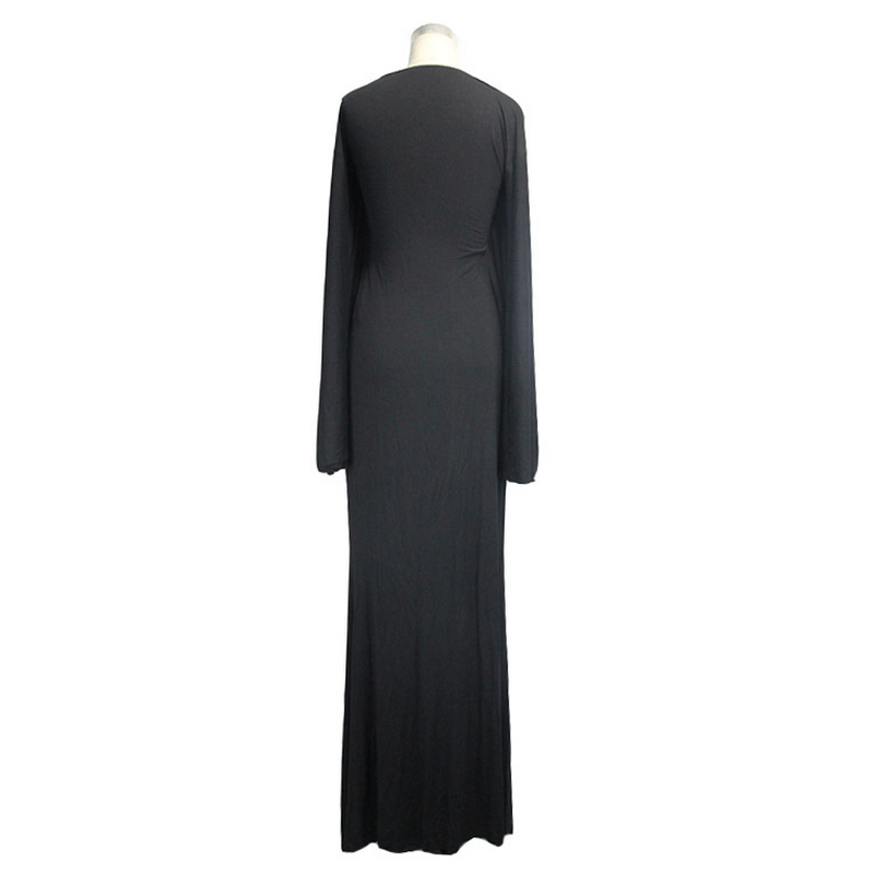 Sexy Women's Gothic Deep V-Neck Dress with Wide Sleeve / Black Ladies Long High Waist Dress