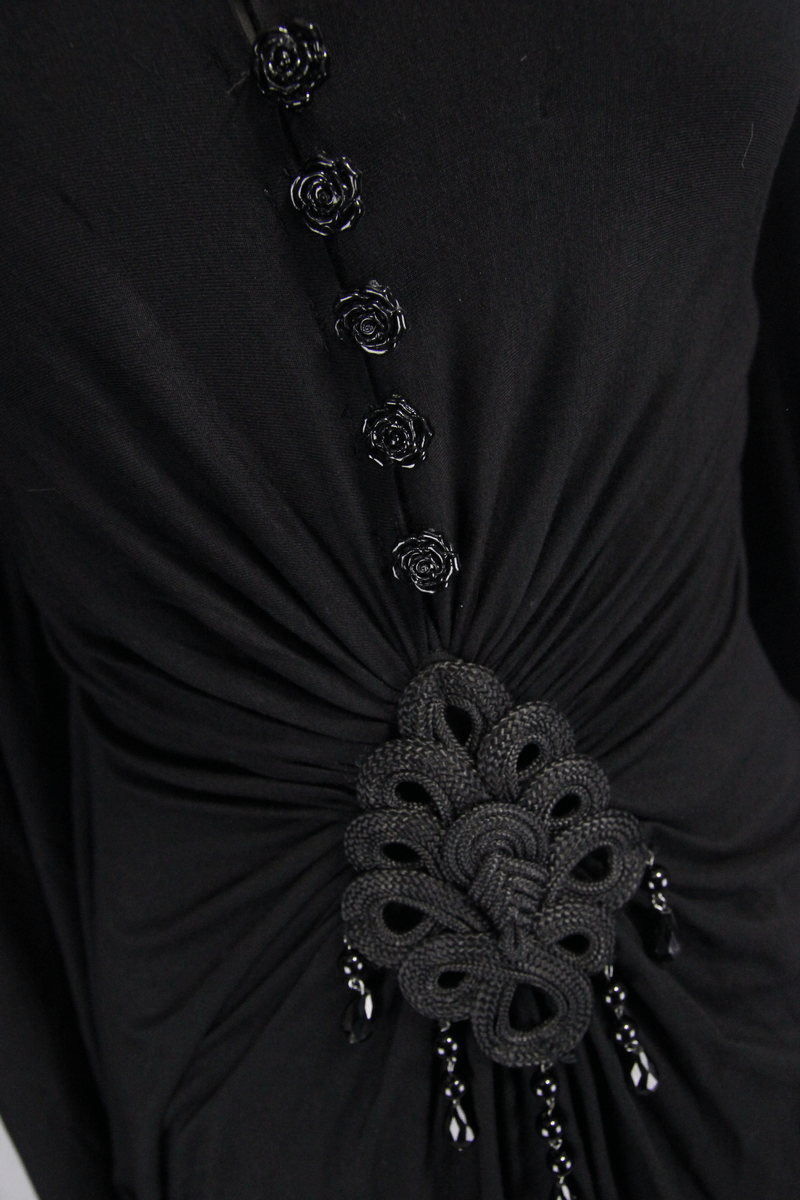 Sexy Women's Gothic Deep V-Neck Dress with Wide Sleeve / Black Ladies Long High Waist Dress