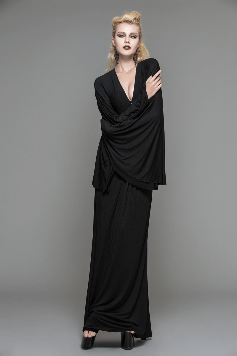Sexy Women's Gothic Deep V-Neck Dress with Wide Sleeve / Black Ladies Long High Waist Dress