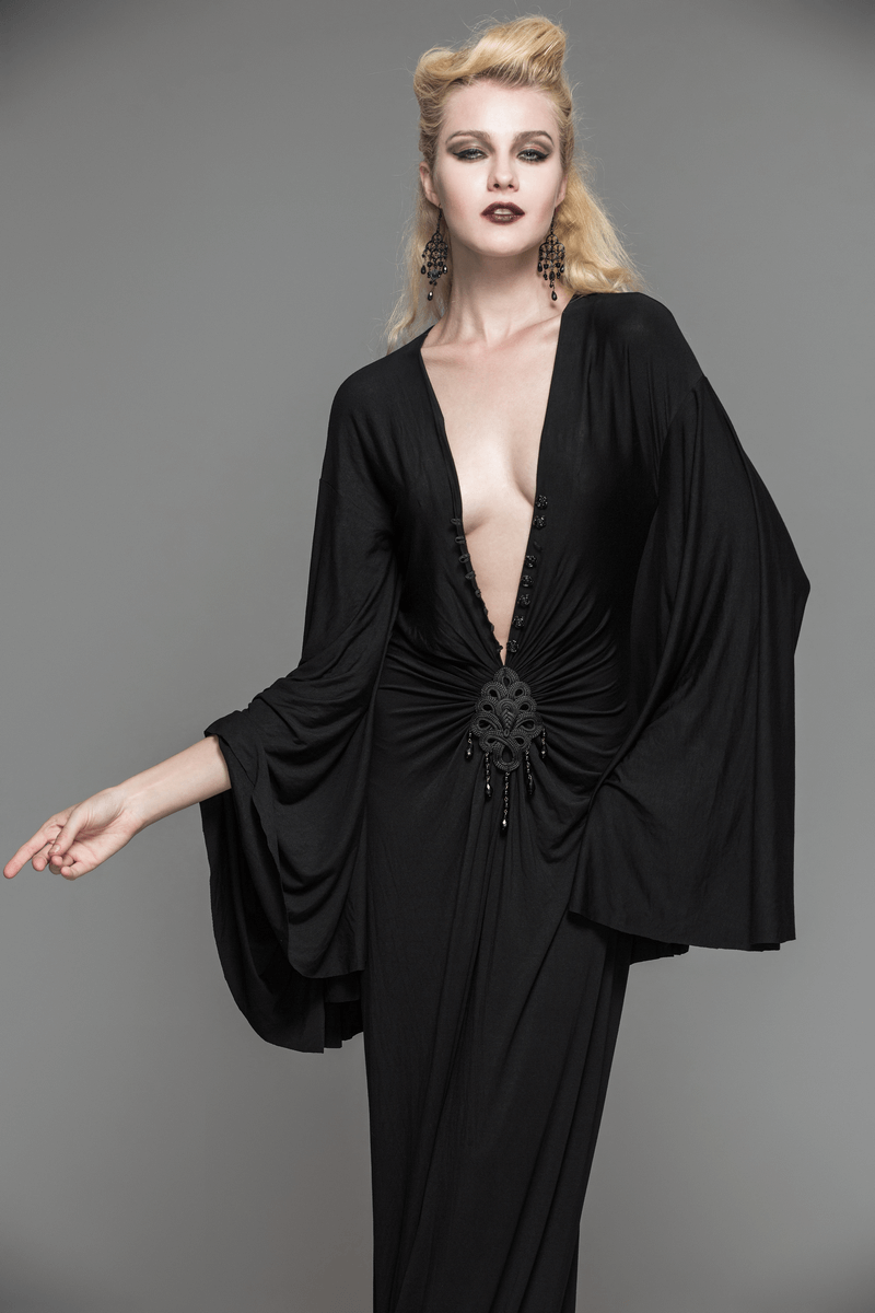 Sexy Women's Gothic Deep V-Neck Dress with Wide Sleeve / Black Ladies Long High Waist Dress