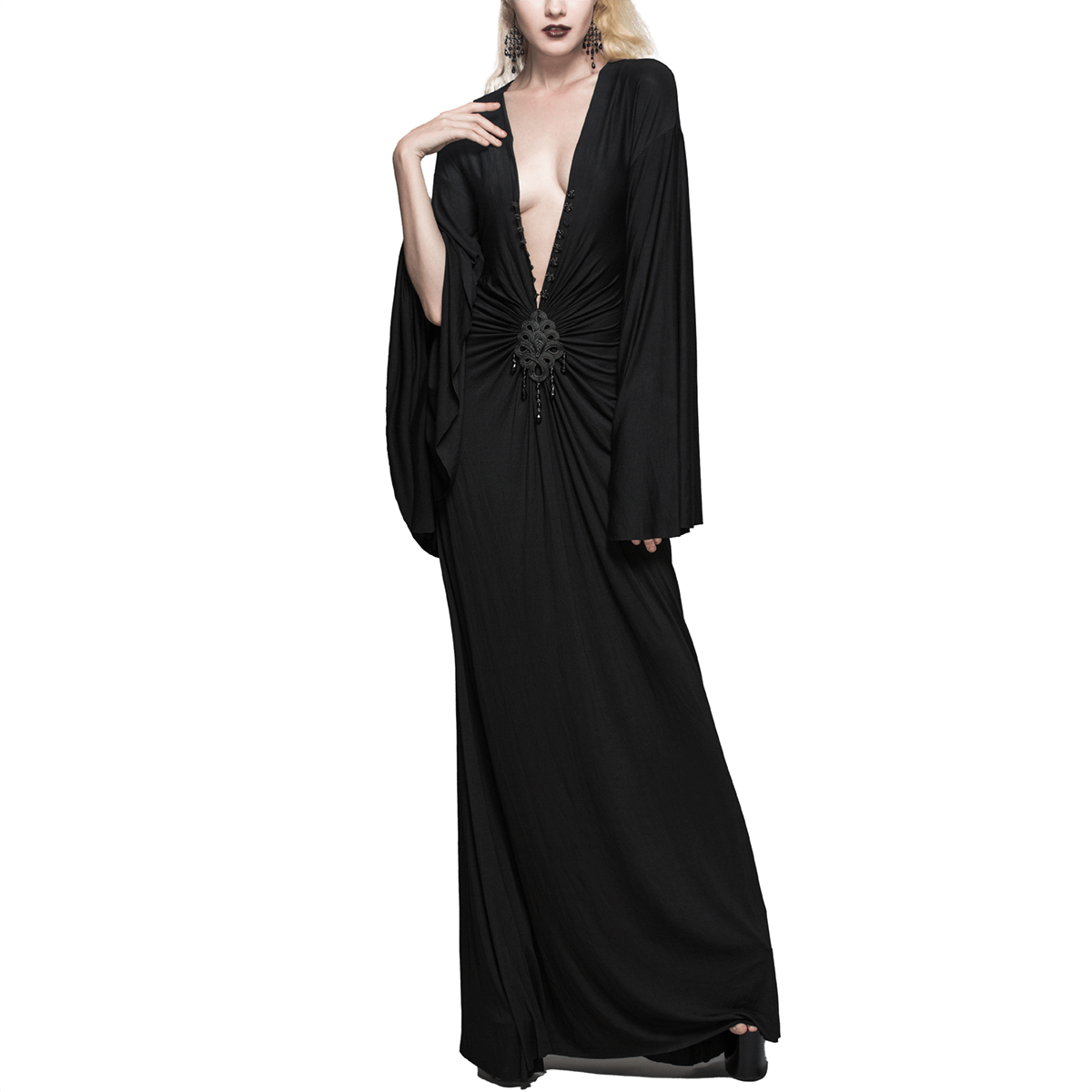 Sexy Women's Gothic Deep V-Neck Dress with Wide Sleeve / Black Ladies Long High Waist Dress