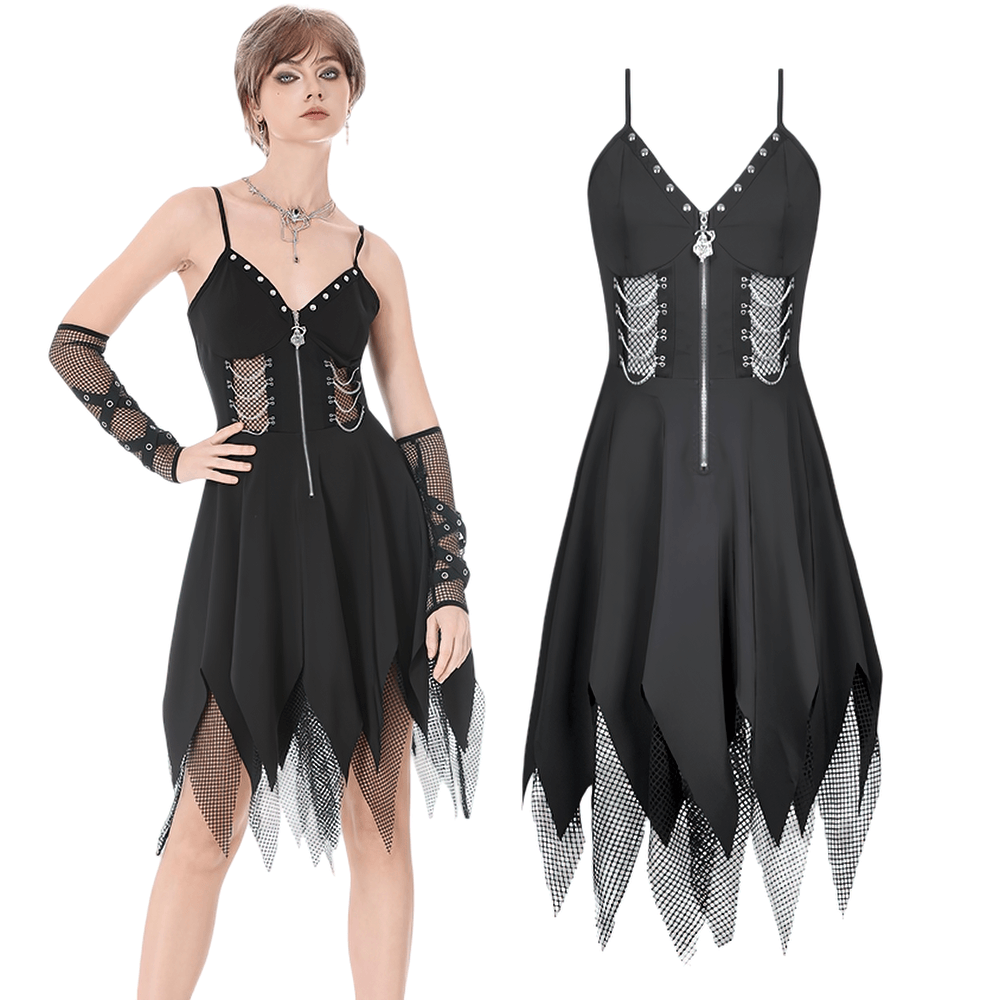 Sexy Zip Front Dress with Fishnet Jagged Hem Detail