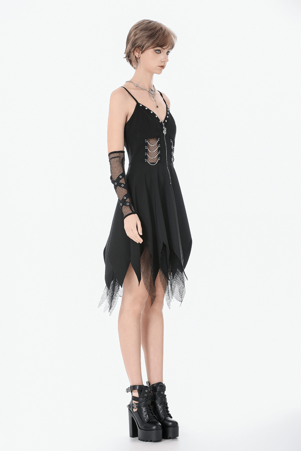Sexy Zip Front Dress with Fishnet Jagged Hem Detail