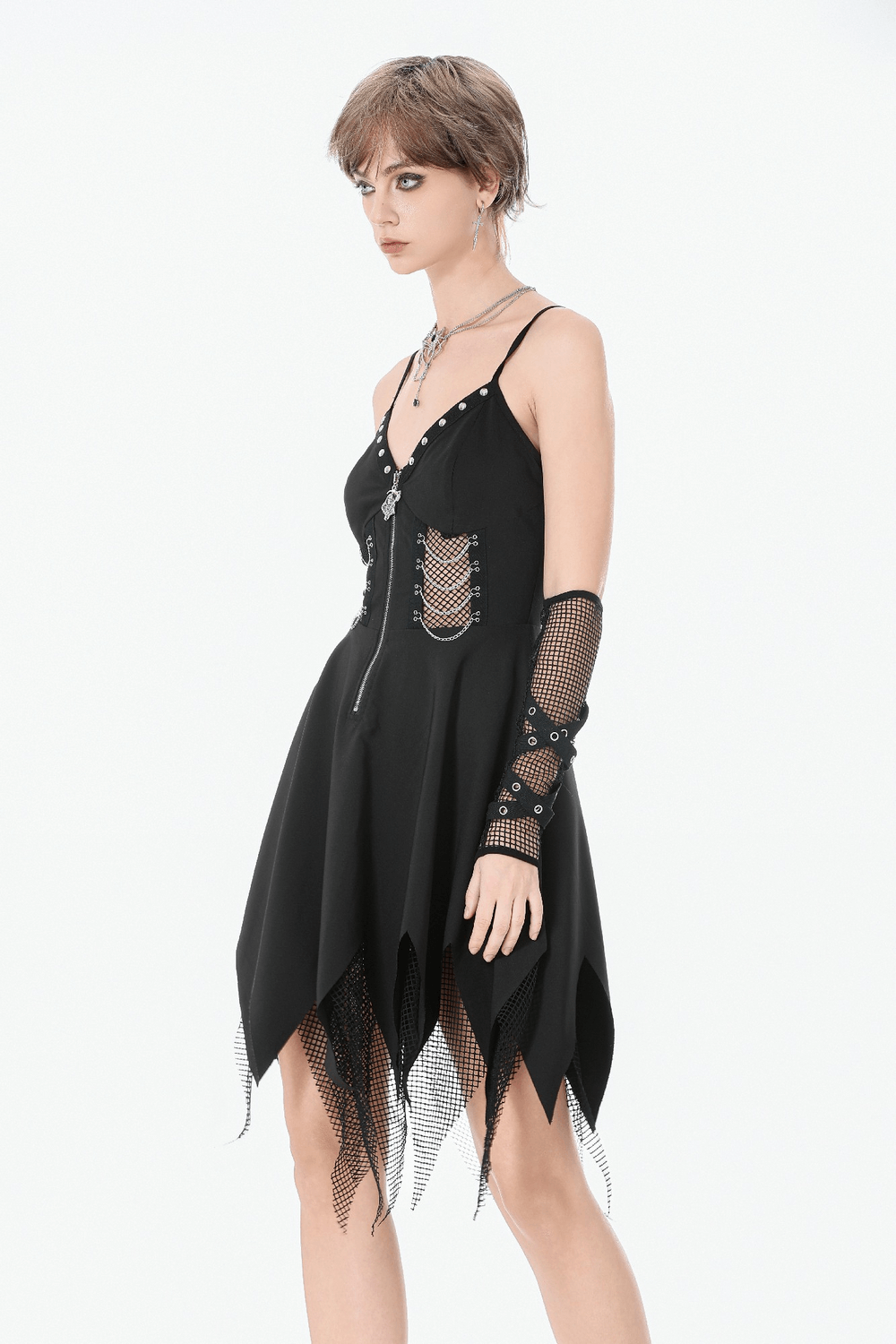 Sexy Zip Front Dress with Fishnet Jagged Hem Detail