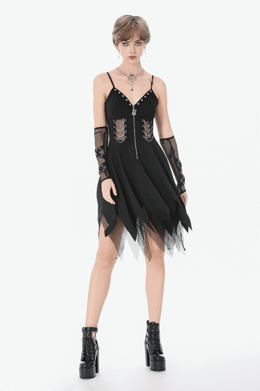 Sexy Zip Front Dress with Fishnet Jagged Hem Detail