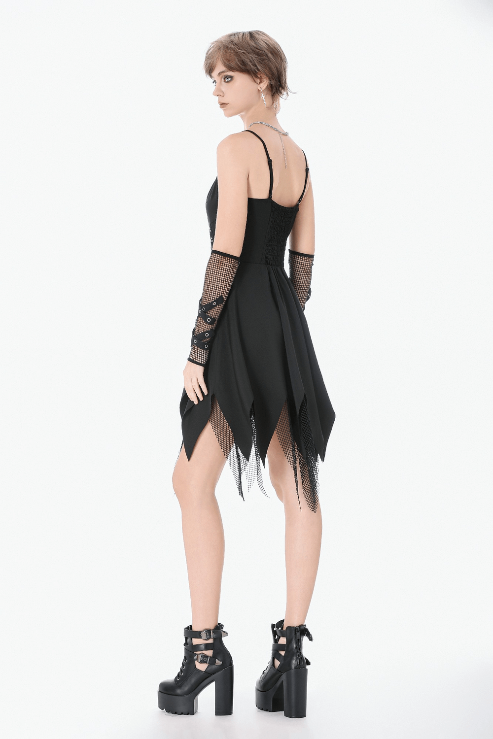 Sexy Zip Front Dress with Fishnet Jagged Hem Detail