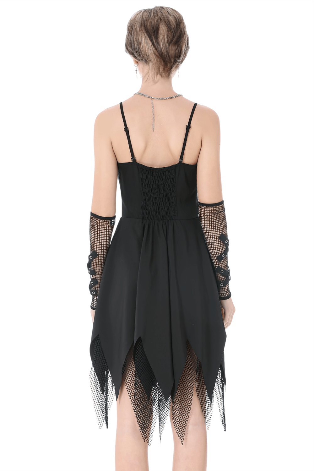 Sexy Zip Front Dress with Fishnet Jagged Hem Detail