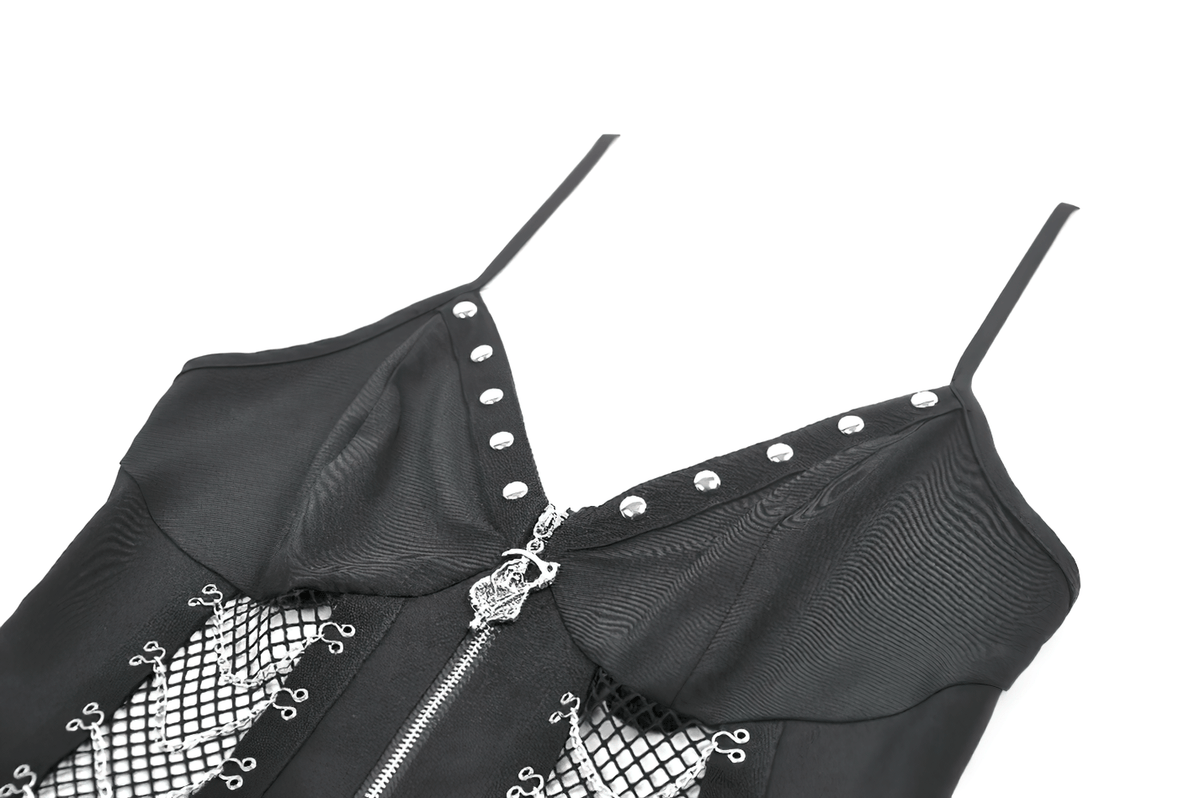 Sexy Zip Front Dress with Fishnet Jagged Hem Detail