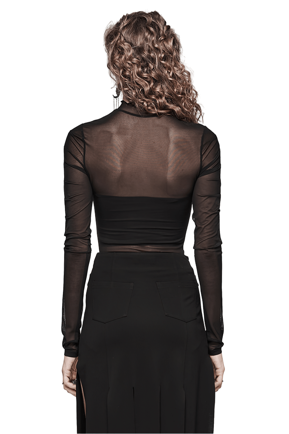 US SALE of Sheer Black Mesh Top with Skeleton Embroidery