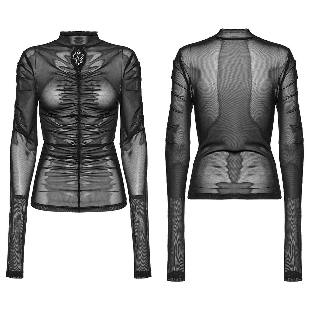 US SALE of Sheer Black Mesh Top with Skeleton Embroidery