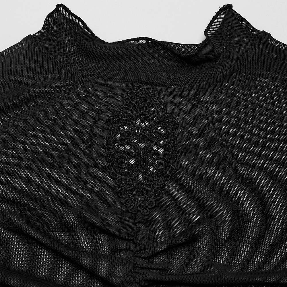 US SALE of Sheer Black Mesh Top with Skeleton Embroidery