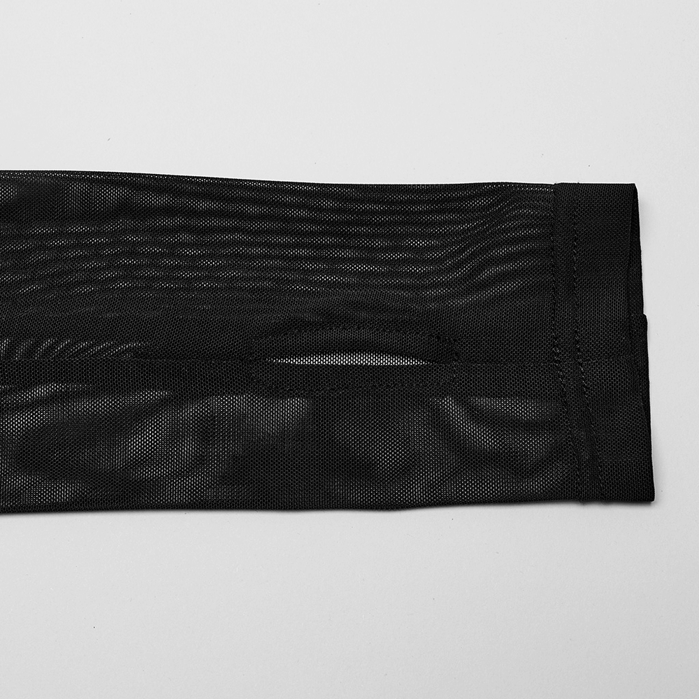 US SALE of Sheer Black Mesh Top with Skeleton Embroidery