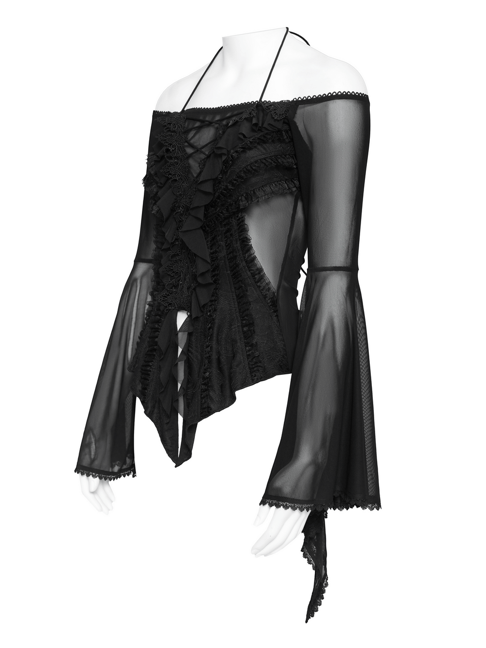 Sheer Off-Shoulder Ruffled Mesh Top with Bell Sleeves