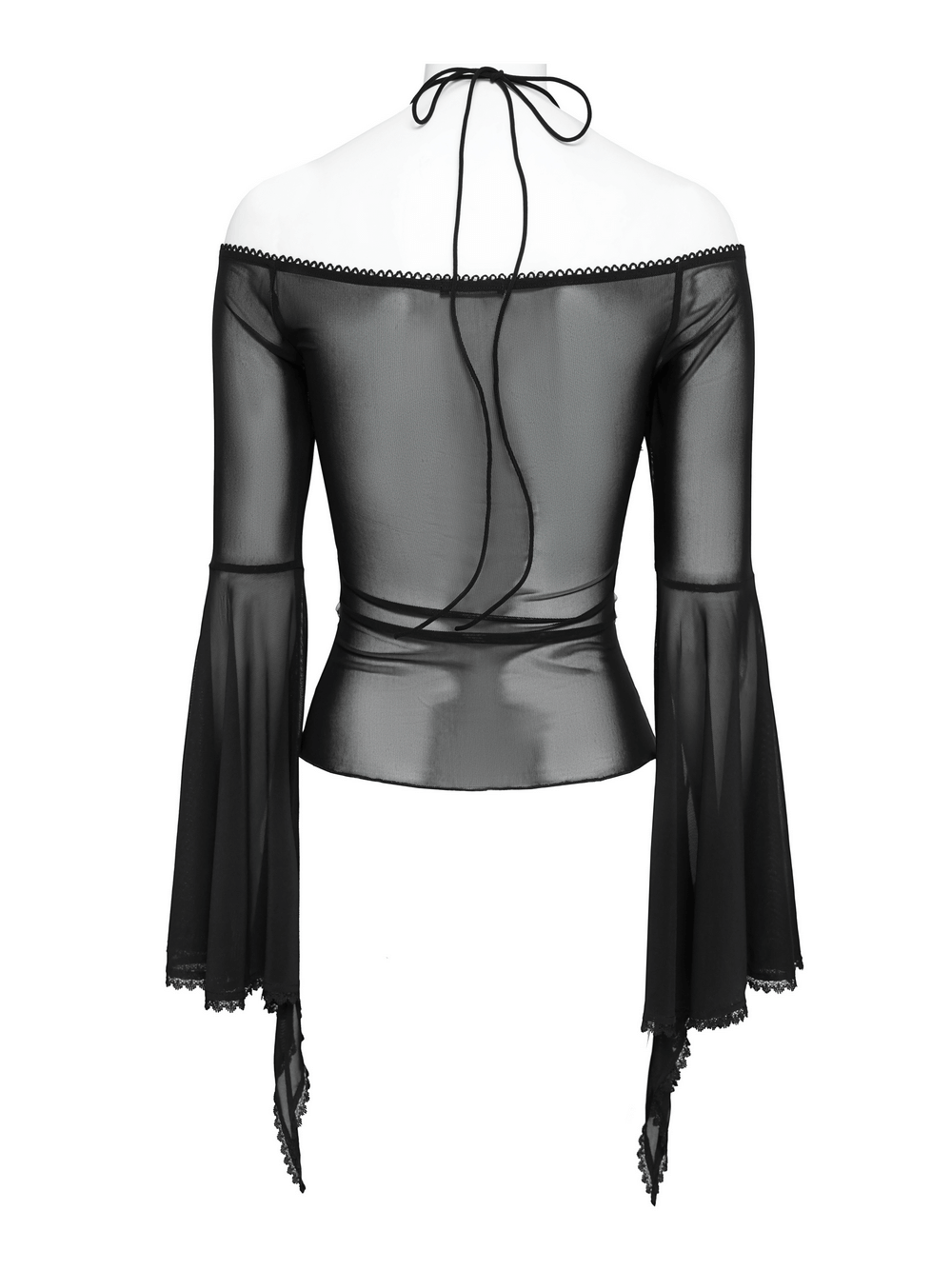 Sheer Off-Shoulder Ruffled Mesh Top with Bell Sleeves