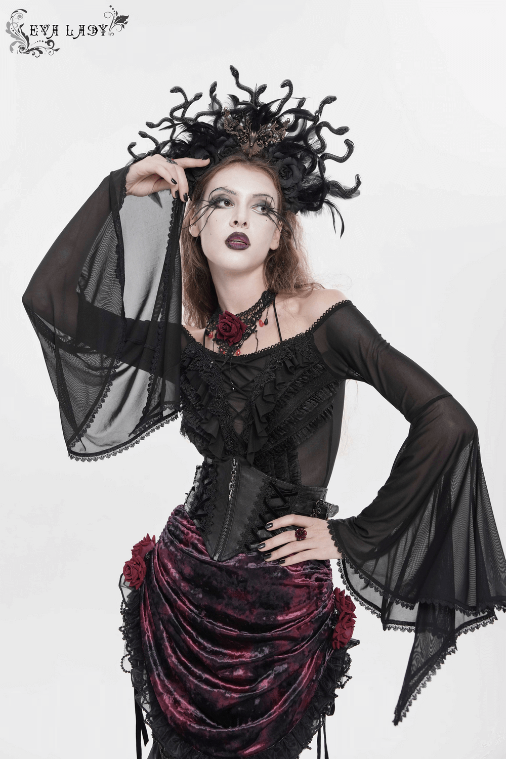 Sheer Off-Shoulder Ruffled Mesh Top with Bell Sleeves