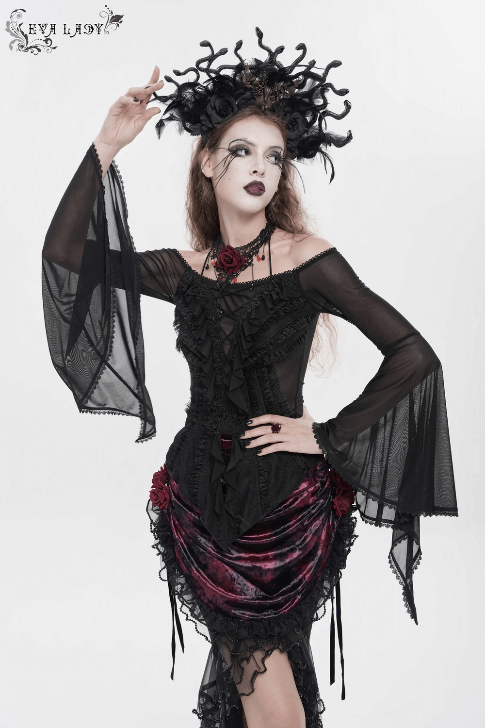 Sheer Off-Shoulder Ruffled Mesh Top with Bell Sleeves
