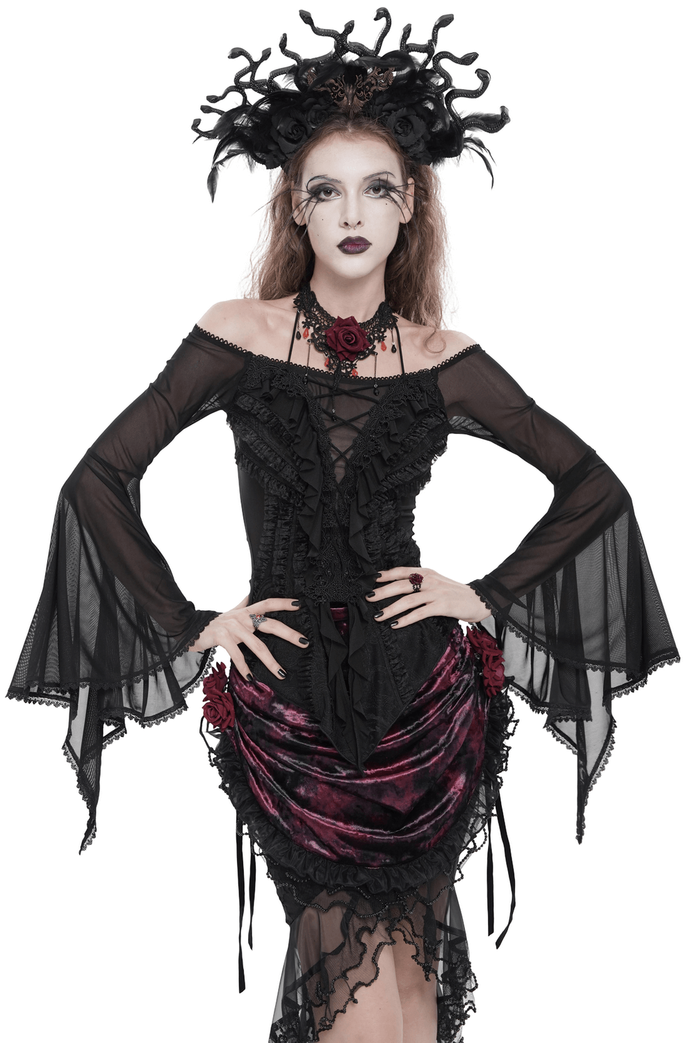 Sheer Off-Shoulder Ruffled Mesh Top with Bell Sleeves
