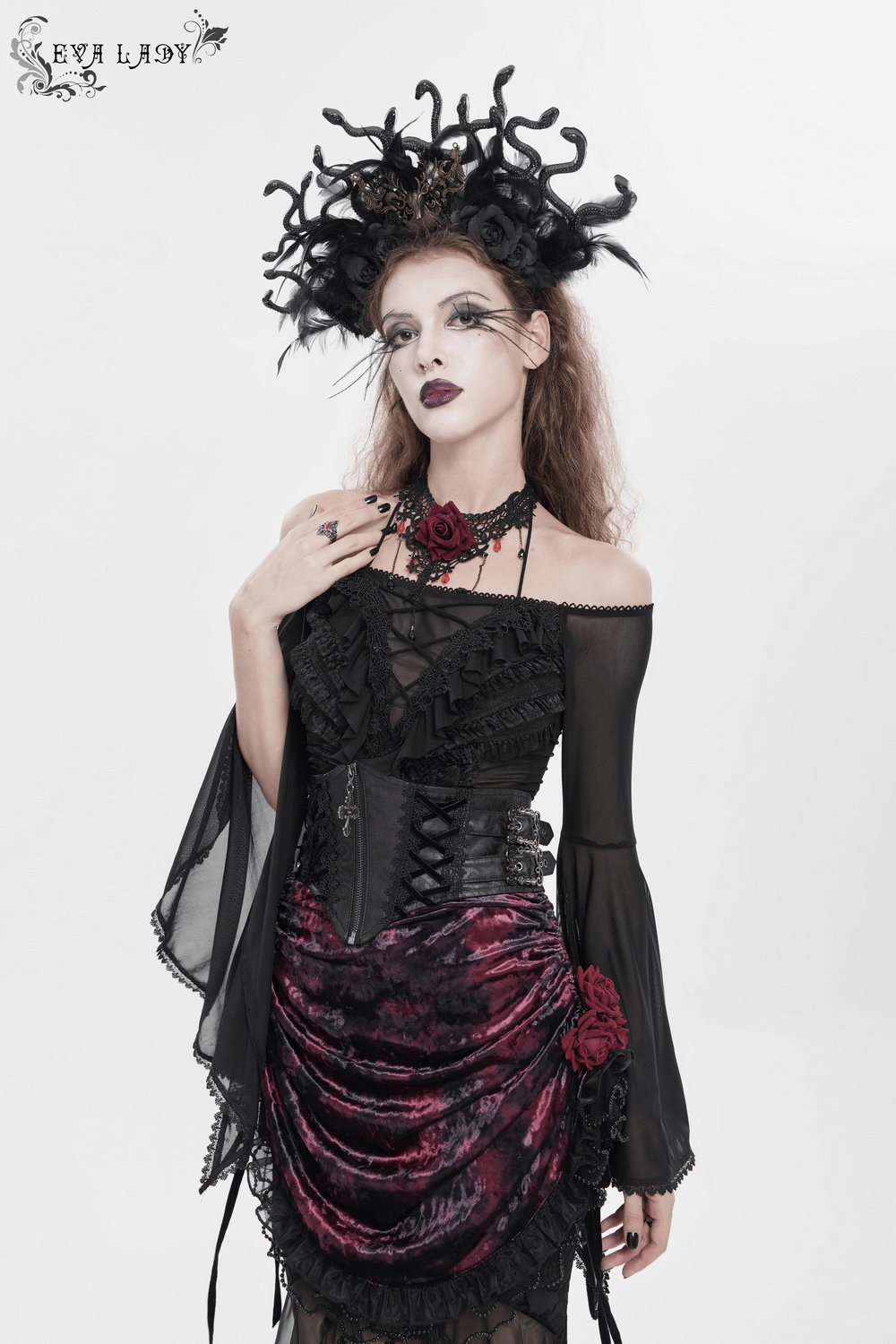 Sheer Off-Shoulder Ruffled Mesh Top with Bell Sleeves