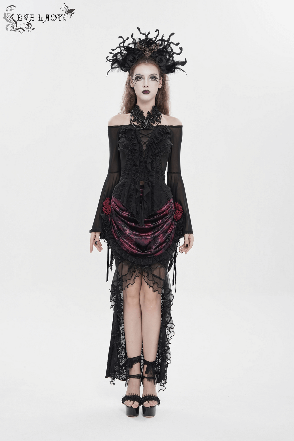 Sheer Off-Shoulder Ruffled Mesh Top with Bell Sleeves