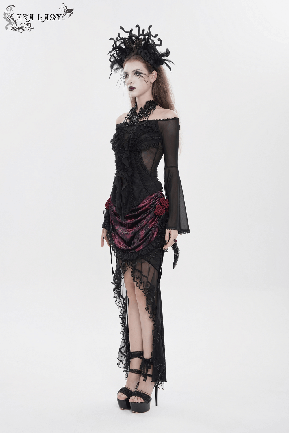 Sheer Off-Shoulder Ruffled Mesh Top with Bell Sleeves
